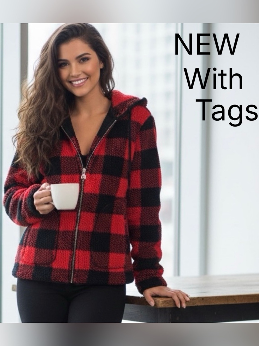 PINK Victoria’s Secret Reversible Sherpa Fleece Buffalo Plaid & Black Jacket LG